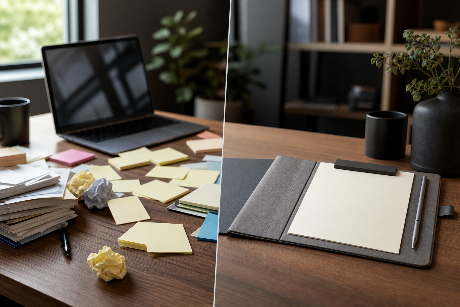 Desk clutter before and after using a reusable Magboard page